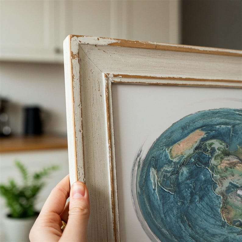 May include: A framed print of a globe, featuring shades of blue, green, and tan. The frame is distressed white with a natural wood-tone edge. The artwork is held by a person's hand.