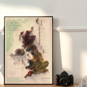 May include: A vintage-style map of Great Britain and Northern Ireland, showing the tectonic plates of the region. The map is printed on a cream-colored paper with a brown border. The map is framed in a black frame.