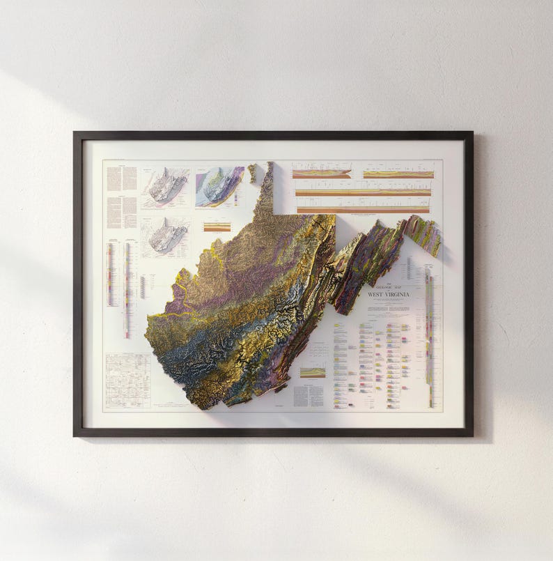 Puede incluir: Mapa topogr&aacute;fico 3D enmarcado de Virginia Occidental, con relieve detallado y variaciones de color. El mapa est&aacute; sobre un fondo blanco con gr&aacute;ficos geol&oacute;gicos y datos. El marco es negro.