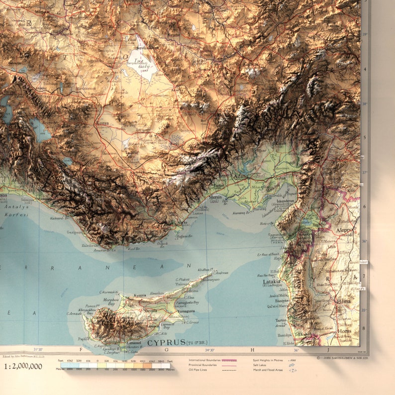 May include: A detailed topographic map of Cyprus, showing the island's terrain, coastline, and major cities. The map uses a color gradient to represent elevation, with green for lower elevations and brown for higher elevations. The map also includes labels for cities, towns, and other geographic features.