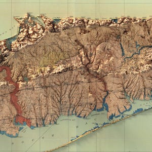 May include: A vintage map of Long Island, New York, with detailed topography and water features. The map shows the coastline, bays, and inlets of the island, as well as the surrounding areas. The map is printed in brown, blue, and red ink on a light green background.
