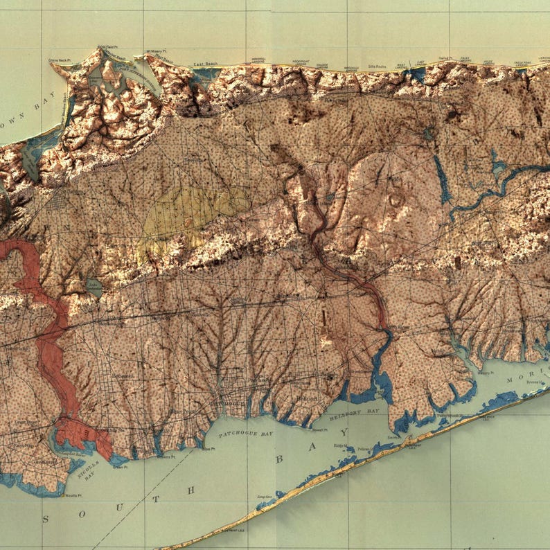May include: A vintage map of Long Island, New York, with detailed topography and water features. The map shows the coastline, bays, and inlets of the island, as well as the surrounding areas. The map is printed in brown, blue, and red ink on a light green background.