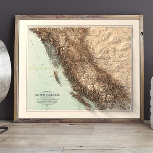 3D-rendered Rocky Mountains and Fraser River – realistic elevation on a vintage British Columbia map