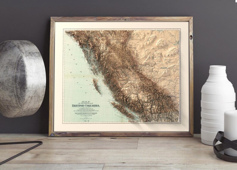 3D-rendered Rocky Mountains and Fraser River – realistic elevation on a vintage British Columbia map