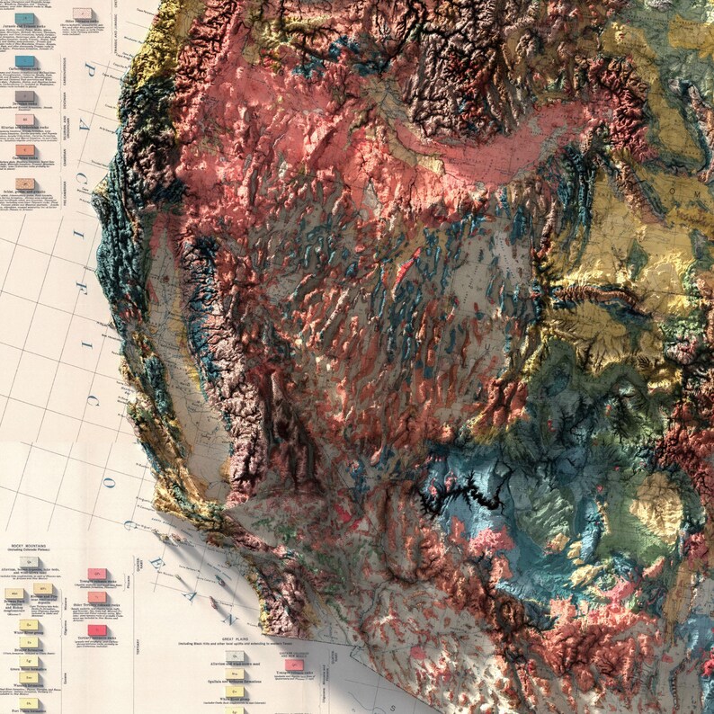 Mapa geológico antiguo de Estados Unidos: relieve sombreado, arte mural de estilo antiguo. imagen 2