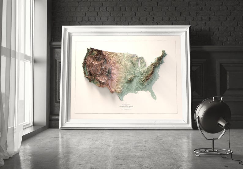 United States wall map art. A frame Mockup  showing the printed poster map of United States.