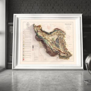 May include: A vintage map of Iran, depicting the country's topography and geological features. The map is printed in shades of brown, green, and blue, and includes a key with different colours representing different types of terrain.