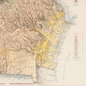 May include: A vintage map of the southeastern United States, showing the geological formations of the region. The map is in shades of brown, yellow, and green, with labels for each state and county. The map is titled "Geological Map of the Southeastern United States".