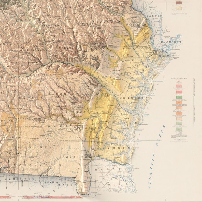 May include: A vintage map of the southeastern United States, showing the geological formations of the region. The map is in shades of brown, yellow, and green, with labels for each state and county. The map is titled "Geological Map of the Southeastern United States".