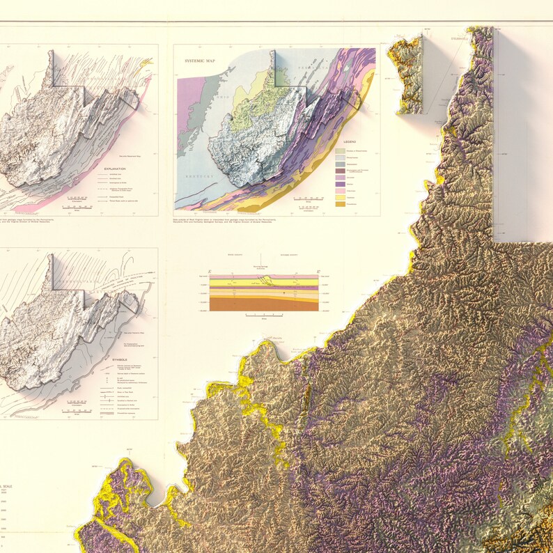 Geologisk karta över West Virginia från 1968: Vintage topografiskt relieftryck bild 9
