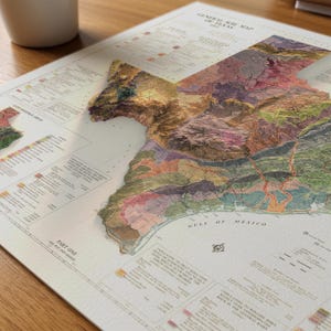 Op de afbeelding: Een gedetailleerde, driedimensionale kaart van Texas, met verschillende terreinen en bodemsoorten. De kaart maakt gebruik van een reli&euml;feffect, met kleuren die verschillende geografische regio's vertegenwoordigen. De titel "GENERAL SOIL MAP OF TEXAS" is zichtbaar. De kaart is op wit papier.