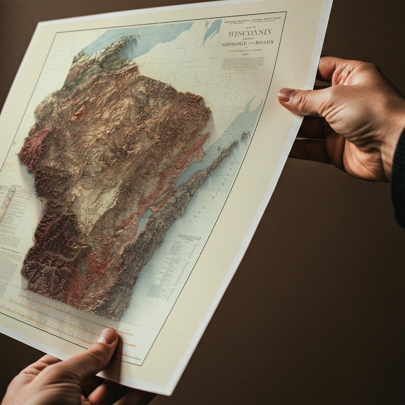 Mapa geológico de Wisconsin de 1911: relieve topográfico, lámina artística de estilo vintage, elegante decoración de pared. imagen 3