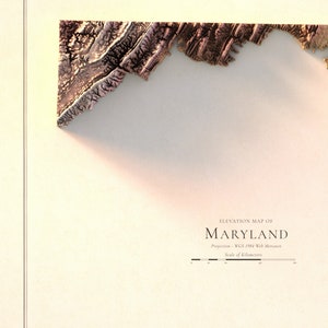 May include: An elevation map of Maryland, depicting the state's topography in a 3D style. The map is rendered in a warm brown colour palette, with a scale bar indicating distances in kilometres. The text "ELEVATION MAP OF MARYLAND" is displayed at the top of the map, along with the projection information: "WGS 1984 Web Mercator".