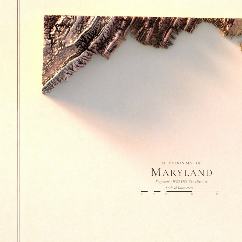 May include: An elevation map of Maryland, depicting the state's topography in a 3D style. The map is rendered in a warm brown colour palette, with a scale bar indicating distances in kilometres. The text "ELEVATION MAP OF MARYLAND" is displayed at the top of the map, along with the projection information: "WGS 1984 Web Mercator".