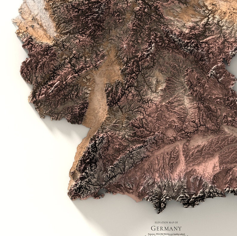 May include: A 3D elevation map of Germany, showing the country's topography with brown, tan, and gray colors. The map is printed on a white background with the text "ELEVATION MAP OF GERMANY" at the bottom.