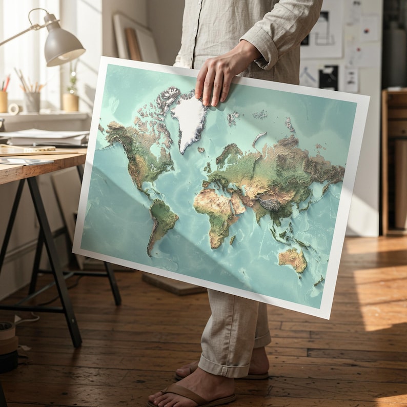 Weltkarte Wandkunst, Relief-Stil Weltkarte (flacher Ozean) Druck, großes topographisches Weltkarten Poster, Erdhöhen Karte, Büro Wandkunst Bild 2