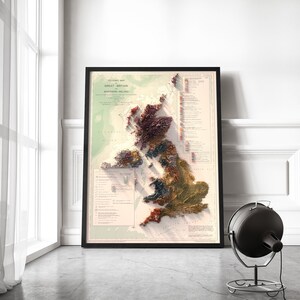 May include: A vintage-style tectonic map of Great Britain and Northern Ireland. The map is printed in shades of brown, green, and red, and shows the different geological formations of the islands. The map is framed in black and is hanging on a white wall.