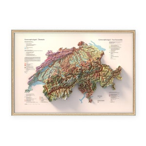 Mapa da Suíça - Geomorfologia - Decoração de parede - Topografia - Impressão artística - Presente exclusivo