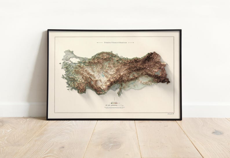 May include: A framed topographic map of Turkey with a 3D effect, showing the country's terrain in shades of green, brown, and blue. The map is titled "Turkey Topographic Relief".