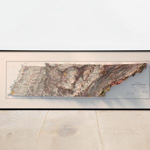 May include: A framed vintage map of the state of Tennessee, showing the topography of the state in a 3D relief style. The map is printed in shades of brown, green, and red, and is surrounded by a black frame.
