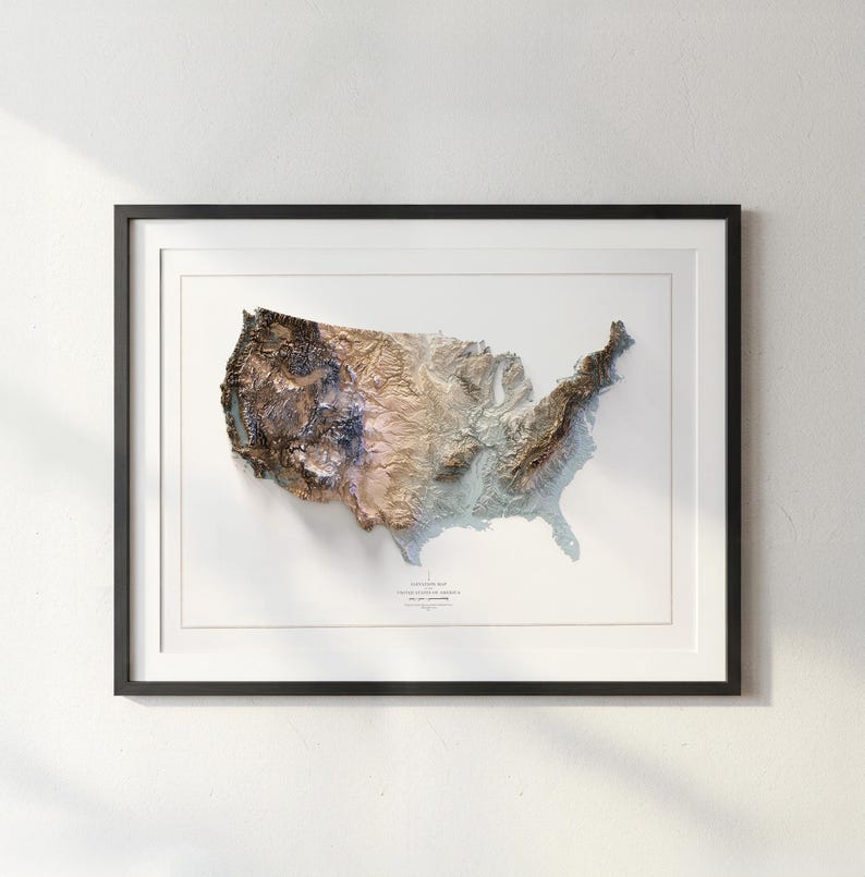 Mapa topográfico dos EUA para impressão: Arte de parede topográfica dos Estados Unidos, pôster geográfico decorativo detalhado. imagem 6