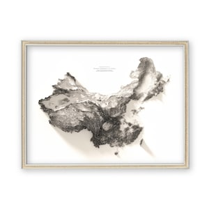 China (BW) - Reliefkarte - Wanddekoration - Topographie - Kunstdruck - Einzigartiges Geschenk