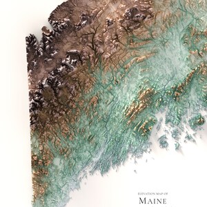 May include: A topographic map of the state of Maine, showing the elevation of the land. The map is in shades of brown, green, and blue, with the highest elevations shown in brown and the lowest elevations shown in blue.