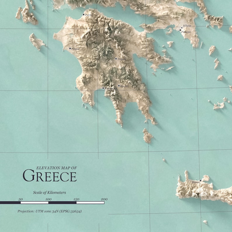 May include: A topographic elevation map of Greece featuring a light blue sea background and detailed 3D-rendered terrain. The map includes labels for cities like Patras, Tripoli, Sparta, and Hania, with a scale of kilometers and projection data.