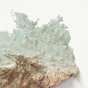 May include: A 3D topographical map in shades of green, beige, and brown, depicting varying elevations. The map's textured surface is set against a white background. The colour palette suggests a natural landscape, with a detailed, textured design.