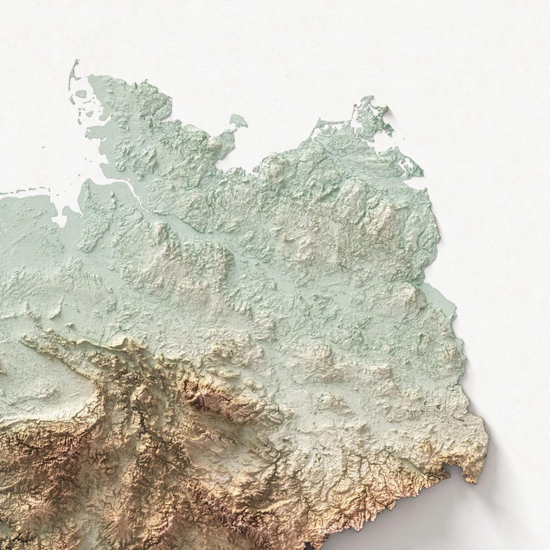 May include: A 3D topographical map in shades of green, beige, and brown, depicting varying elevations. The map's textured surface is set against a white background. The colour palette suggests a natural landscape, with a detailed, textured design.