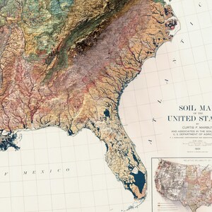 May include: A vintage soil map of the United States, featuring detailed topographical information. The map displays a color-coded representation of soil types across the southeastern states, with text that reads "SOIL MAP OF THE UNITED STATES" and "1931".