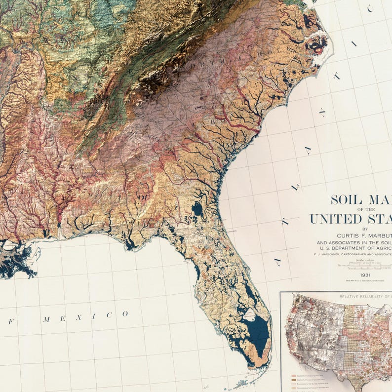 May include: A vintage soil map of the United States, featuring detailed topographical information. The map displays a color-coded representation of soil types across the southeastern states, with text that reads "SOIL MAP OF THE UNITED STATES" and "1931".