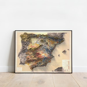 Puede incluir: Un mapa en relieve vintage y detallado de Espa&ntilde;a, que muestra la topograf&iacute;a y las caracter&iacute;sticas geol&oacute;gicas del pa&iacute;s. El mapa est&aacute; impreso en una variedad de colores, incluyendo marr&oacute;n, verde, azul y amarillo. El mapa est&aacute; enmarcado en negro y tiene un fondo blanco.