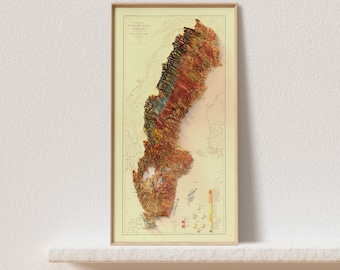 1910 Geological Map of Sweden: Topographic Wall Art Print