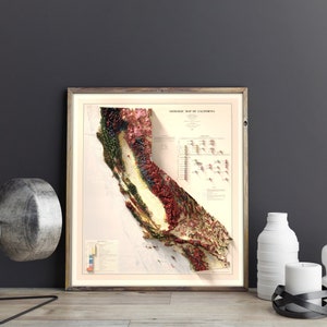 May include: A framed geological map of California, showing a 3D relief of the state's topography. The map uses various colours, including red, green, and yellow, and is set against a neutral backdrop. The frame is made of wood.