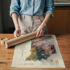 May include: A detailed map of Indiana with topographic features in shades of green, brown, and purple. The map is displayed on a cream-coloured paper and is being unrolled from a brown cardboard tube. The scene is set on a wooden table.