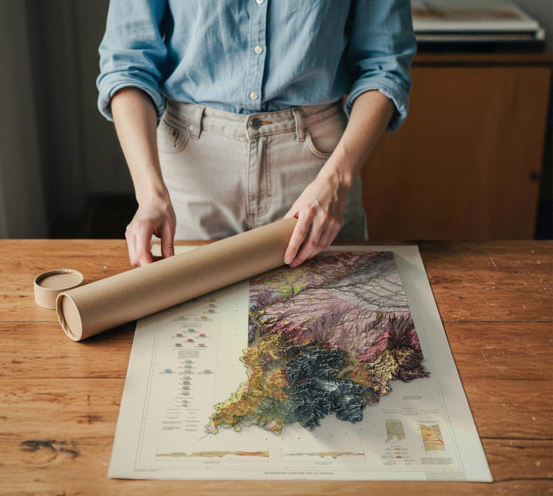 May include: A detailed map of Indiana with topographic features in shades of green, brown, and purple. The map is displayed on a cream-coloured paper and is being unrolled from a brown cardboard tube. The scene is set on a wooden table.