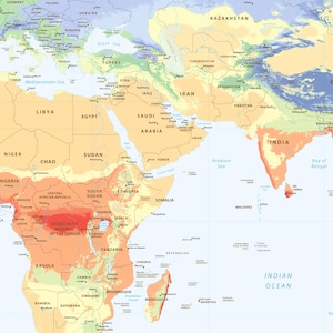 May include: A physical map showing parts of Africa, the Middle East, and Asia, featuring color-coded terrain elevations. The map includes labeled countries, major bodies of water like the Indian Ocean, and capital cities printed in black text.