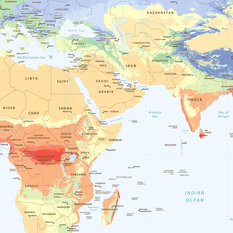 May include: A physical map showing parts of Africa, the Middle East, and Asia, featuring color-coded terrain elevations. The map includes labeled countries, major bodies of water like the Indian Ocean, and capital cities printed in black text.