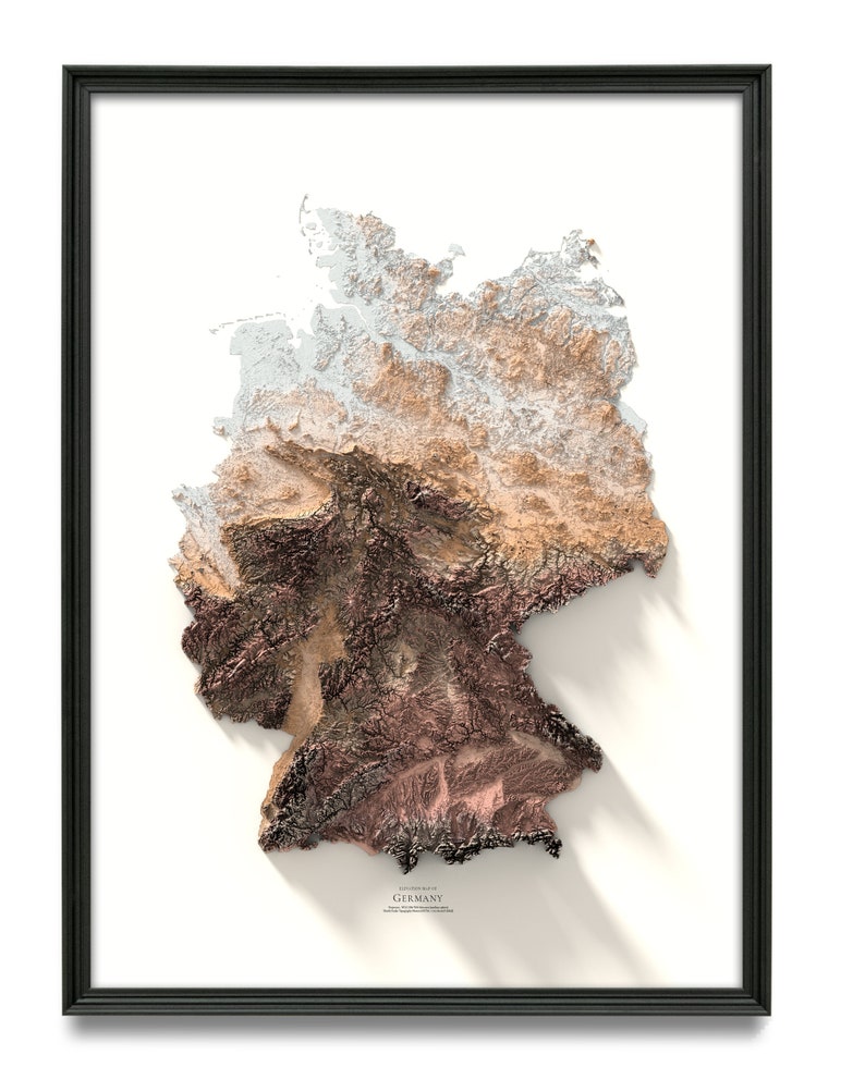 May include: A 3D relief map of Germany with a white background and a black frame. The map is made of paper and has a textured surface. The map shows the different elevations of the country, with the highest elevations being shown in brown and the lowest elevations being shown in white.
