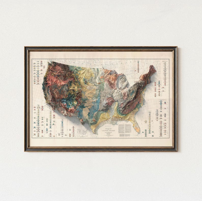 Mapa geológico antiguo de Estados Unidos: relieve sombreado, arte mural de estilo antiguo. imagen 1