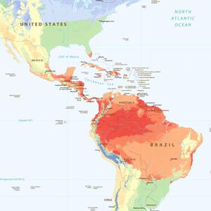 May include: A colorful physical map of the Americas, featuring the United States, Mexico, Central America, the Caribbean, and South America. The map displays country names, major cities, and the Equator and Tropic of Capricorn lines.