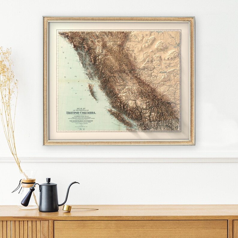 British Columbia vintage home decor framed map, wall hangings, vancouver map