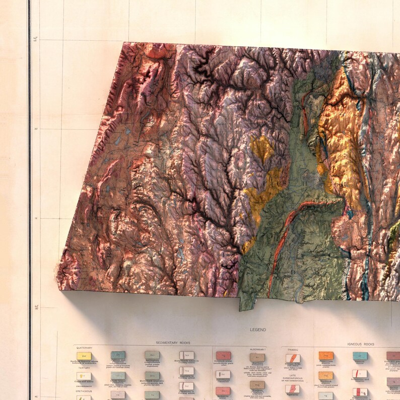May include: A vintage geological map of a region with a 3D effect. The map is divided into sections with different colors representing different types of rock formations. The legend at the bottom of the map identifies the different rock types, including sedimentary, igneous, and metamorphic.