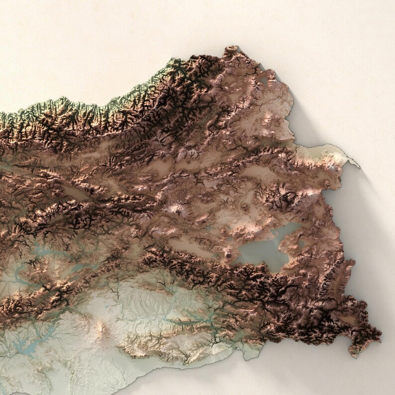 May include: A detailed topographic map of Turkey, showing the country's diverse terrain, including mountains, valleys, and lakes. The map is rendered in shades of brown, green, and blue, with a subtle shadow effect.