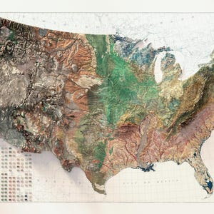May include: A detailed, three-dimensional map of the United States, showcasing soil composition. The map features a variety of colors, including greens, browns, and tans, representing different soil types. The title "Soil Map United States" is visible.