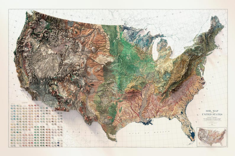 May include: A detailed, three-dimensional map of the United States, showcasing soil composition. The map features a variety of colors, including greens, browns, and tans, representing different soil types. The title "Soil Map United States" is visible.
