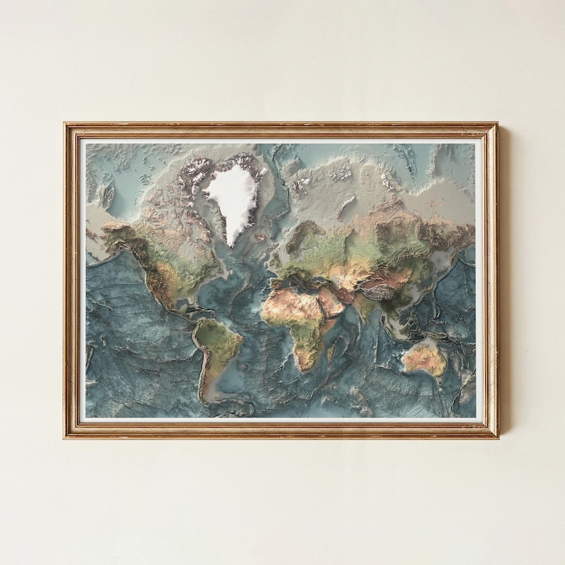 World Satellite Map: Realistic Natural Topography Art Print image 1