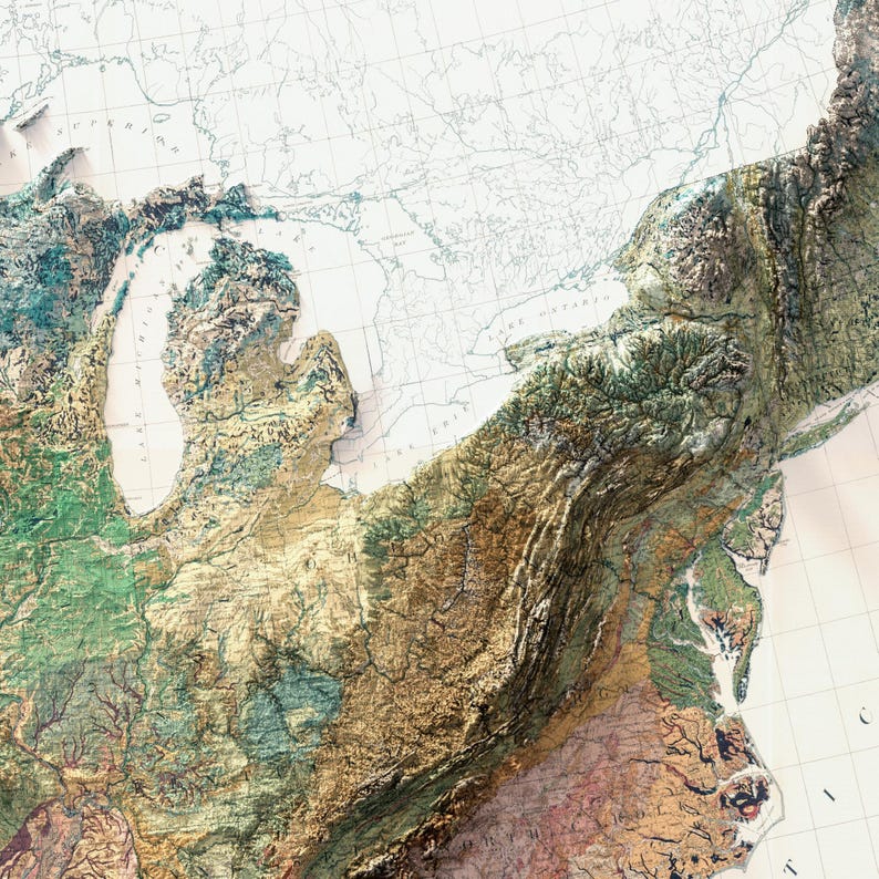 May include: A detailed 3D relief map of the northeastern United States, showcasing the topography with varying shades of green, brown, and blue. The map highlights the Great Lakes and the Appalachian Mountains, with a vintage, textured appearance.
