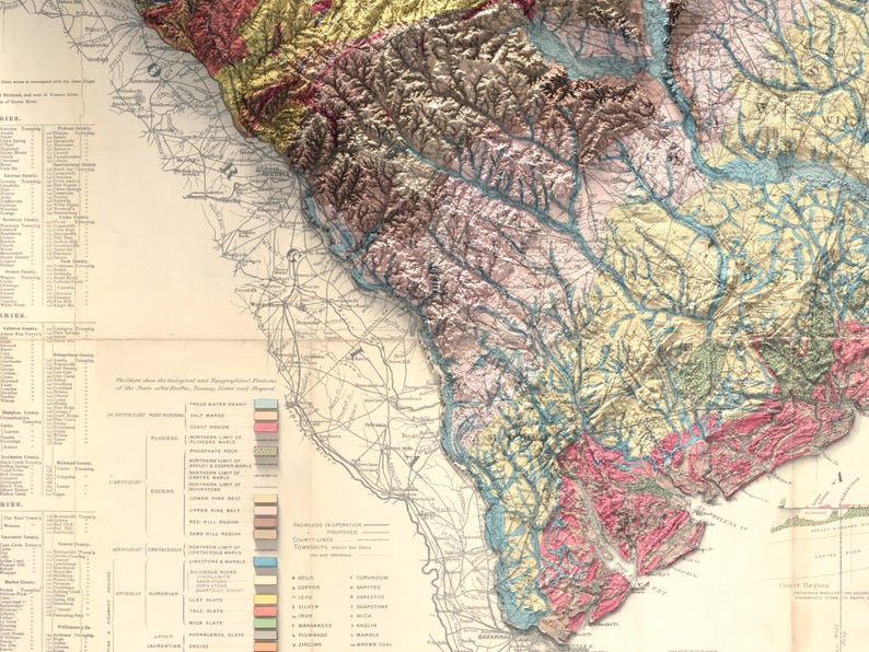 Pode incluir: Um mapa vintage do sudeste dos Estados Unidos, mostrando as forma&ccedil;&otilde;es geol&oacute;gicas e os sistemas fluviais. O mapa &eacute; codificado por cores para indicar os diferentes tipos de rocha e solo. O mapa &eacute; intitulado "Mapa geol&oacute;gico dos estados do sul".